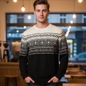 Buffalo David Bitton Black and Cream Nordic Crewneck Men's Sweater Size L